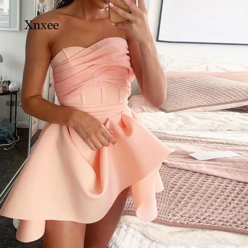 Strapless Birthday Dress Women Fashion Mesh Patchwork Irregular Celebrity Party Mini Dress Chic Pink Short Cute Outfit New