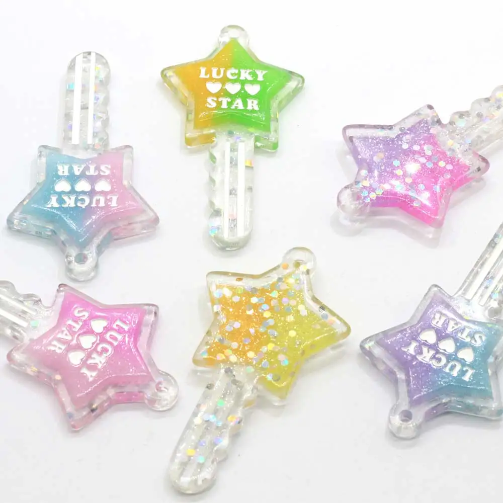 Cute Rainbow Colorful Lucky Star Key Pendant Resin Charms Flatback Cabochon For DIY Craft Making