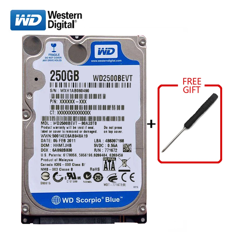 

Original Disassembled USED Hard Drive For WD Brand 250Gb 2.5" HDD SATA 3Gb-6Gb/s 8-16M 5400-7200RPM Laptop Internal Blue Disk