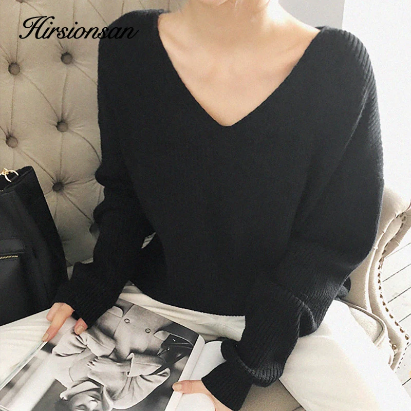 Hirsionsan Thicken Sweater Women 2023 Vintage Minimalist Autumn Winter Sweater Korean Casual Solid Knitted Pullovers V Neck Tops