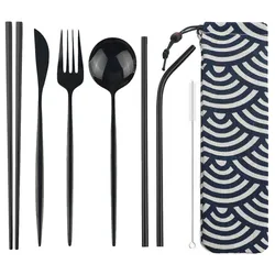 8pcs Portable Travel Knife Fork Spoon Chopsticks Straw Dinneware Set Blue Cutlery Set 304 Stainless Steel Silverware with Pouch
