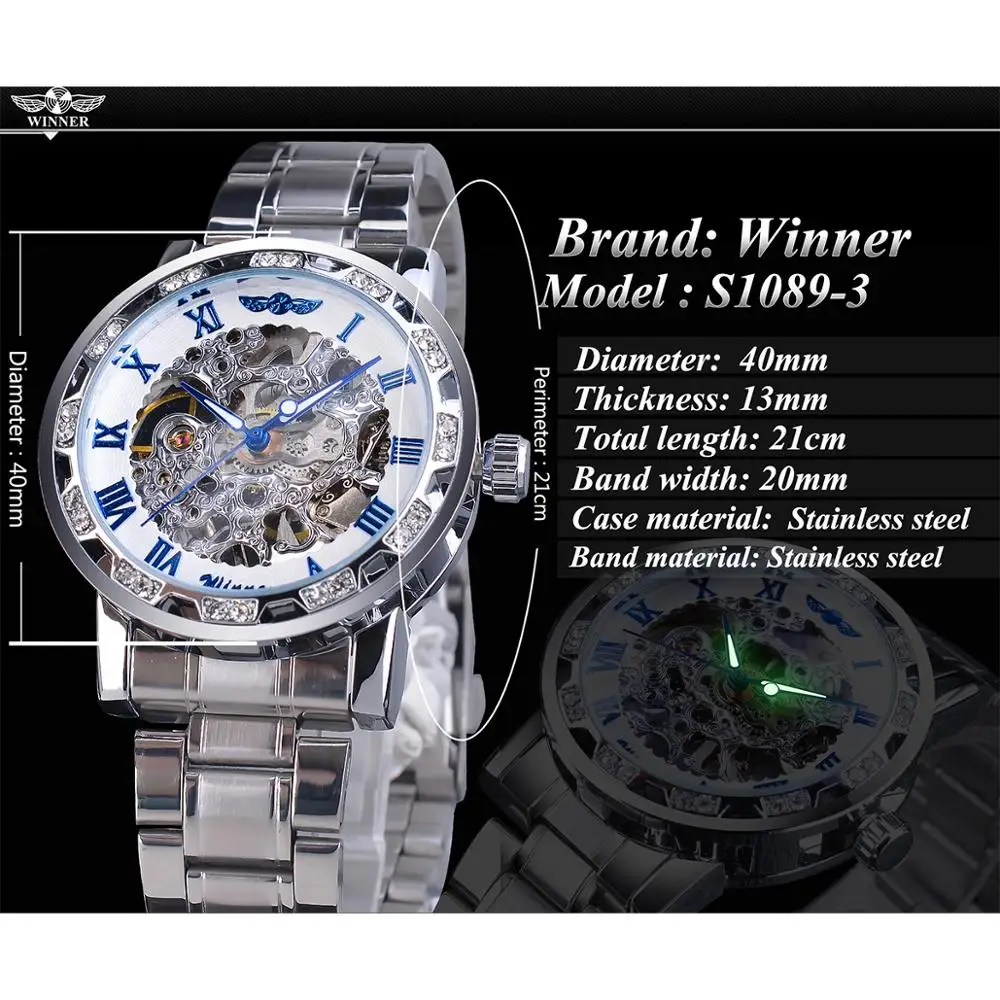 Imagem -04 - Relógio Esqueleto Winner Masculino Relógio Fashion Diamante Branco Prateado Relógio Esportivo de Aço Inoxidável com Pulseira Luminosa de Mão Marca de Luxo para Homens