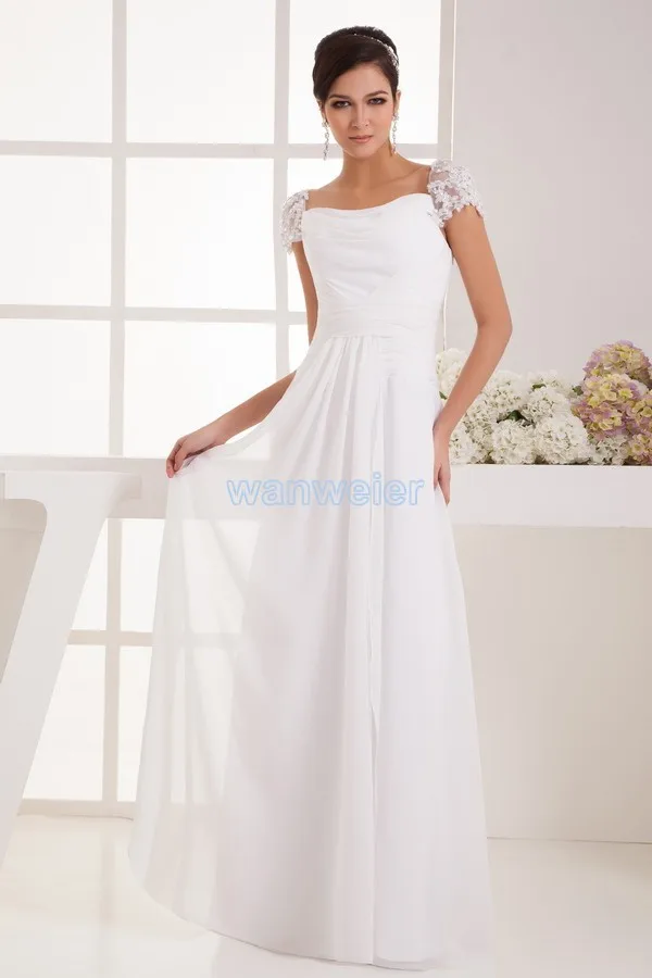 

free shipping 2014 new design quality formal dress short sleeve long cap sleeve white custom size/color chiffon Bridesmaid Dress