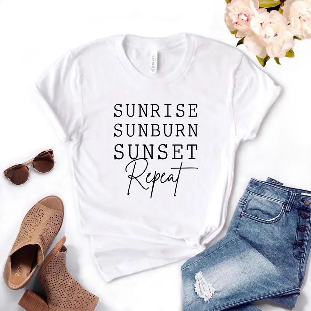 Women Short Sleeve O Neck Loose T-shirt Ladies Summer Tee Shirt Women T Shirt Sunrise Sunburn Sunset Repeat Letter Print Tshirt