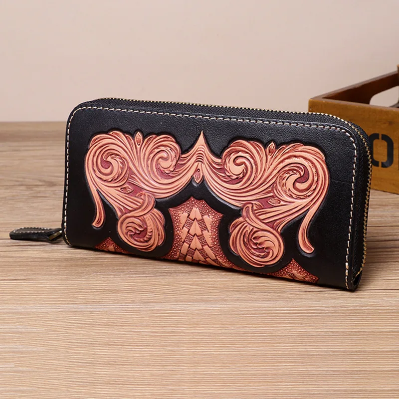 Handmad Vintage Cow Leather Wallets Embossing Curling Grass Pattern Bag Purses Women Men Long Clutch Wallet Card Holder