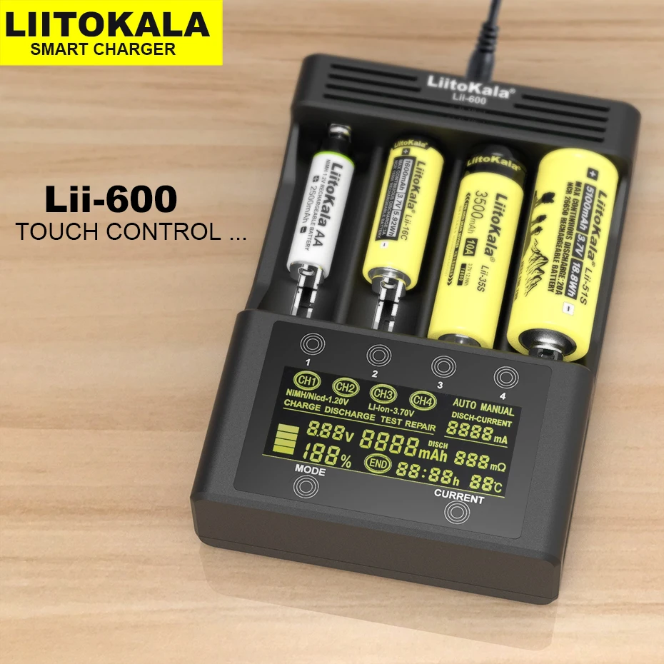 LiitoKala Lii-600 Lii-500S Lii-500 Lii-M4 Charger for Li-ion 3.7V 18650 26650 21700 NiMH 1.2V AA AAA and test battery capacity