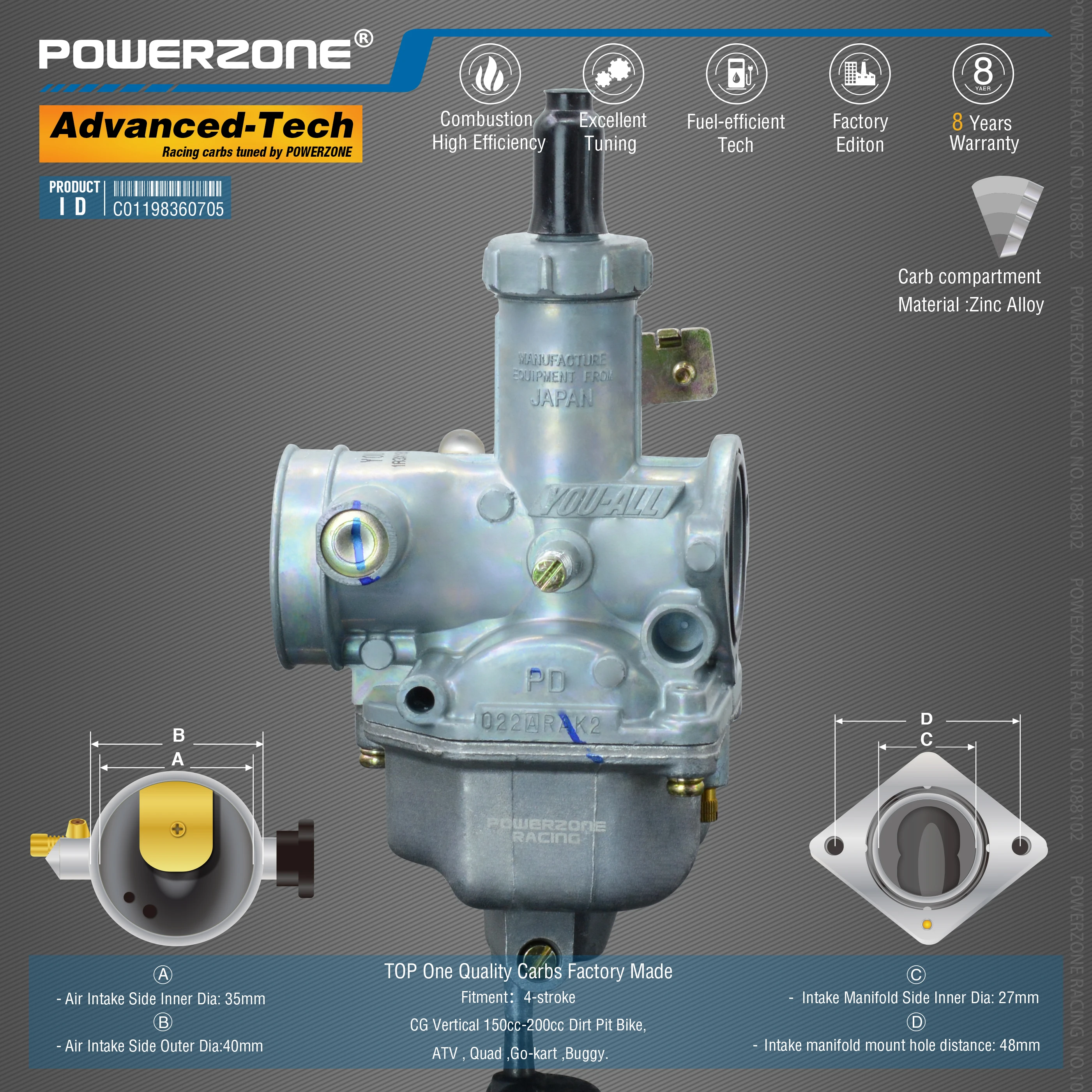 Powerzone  Carburetor PZ27 27mm  CVK  Accelerator Pump Carb For CG Vertical 150cc-200cc Dirt Pit Bike,ATV , Quad ,Go-kart ,Buggy