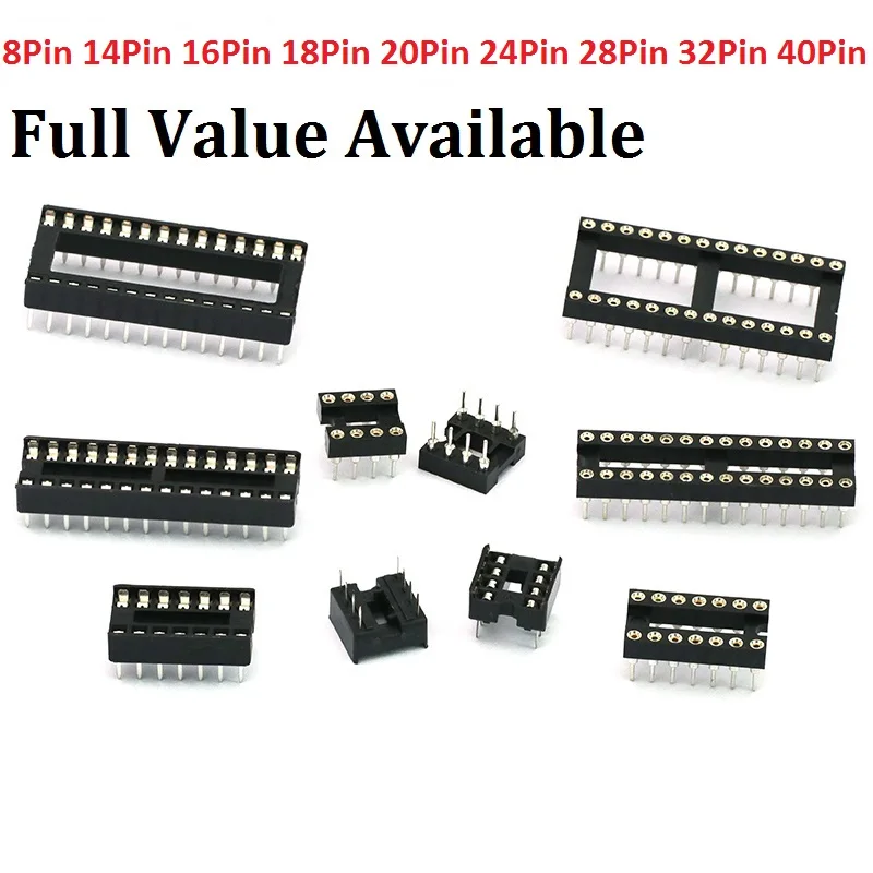 10PCS 8pin/14Pin/16pin/18pin/20pin/24pin/28pin/32pin/40pin Ic Socket 8 PIN Dip Adaptor Solder type/round 8/14P 2.54mm Ic Sockets