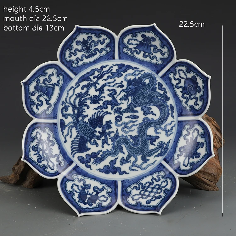 Imagem -06 - Yongzheng Azul e Branco Dragão Phoenix Padrão Placa de Lótus Coleção Antiga Decoração Porcelana Antiga