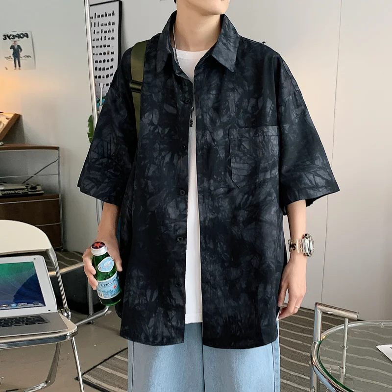 Hawaiian Shirt Boys' summer trend loose fitting clothes design dye ice silk short sleeve flower Shirt coat camisa streetwear