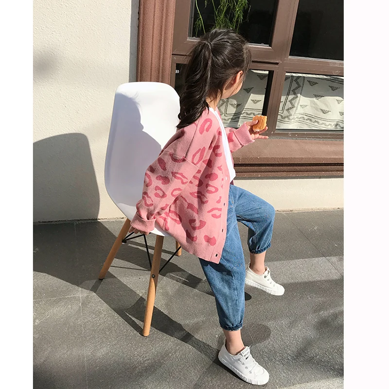 Mother & Daughter Knitted Sweater Cardigan Jacket Parent-Child Leopard Printing Knitwear Family Clothes Kids Cotton Sweaters P84