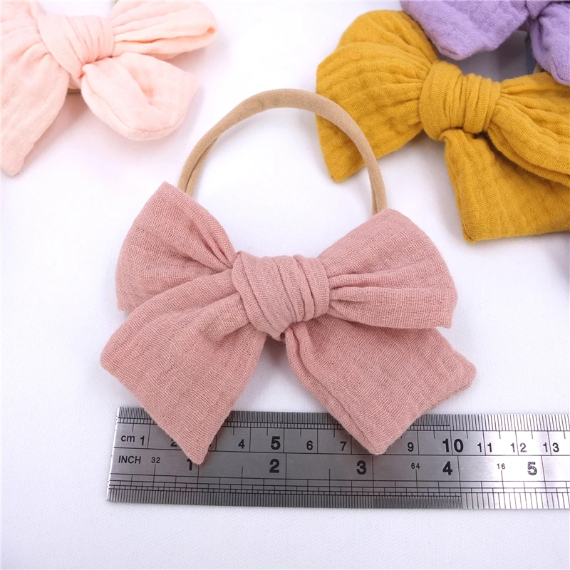 Original Cotton Gauze Hair Bow Fully Lined Clips Toddler Baby Girls Kids Muslin Fabric bows Nylon Headbands Stretchy Hairbands