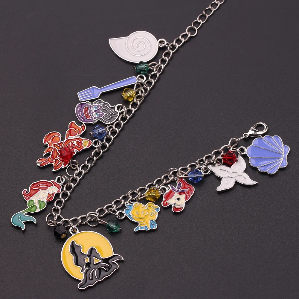 Classic Animated Movie The Little Mermaid Metal Enamel Pendant Bracelet Princess Ariel Sebastian Cartoon Charm Bracelet For Girl