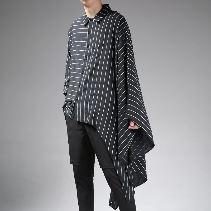 

Dark design article stripe asymmetry tide loose Japanese cloak medium-length shirt Korean edition casual long-sleeve shirt