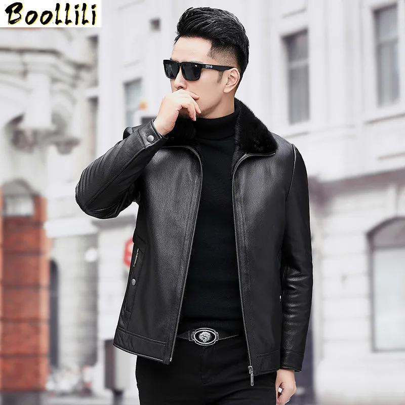 

Men's Real Boollili Mink Fur Coat Winter Genuine Leather Jacket Men Goatskin Leather Warm Mens Mink Coats