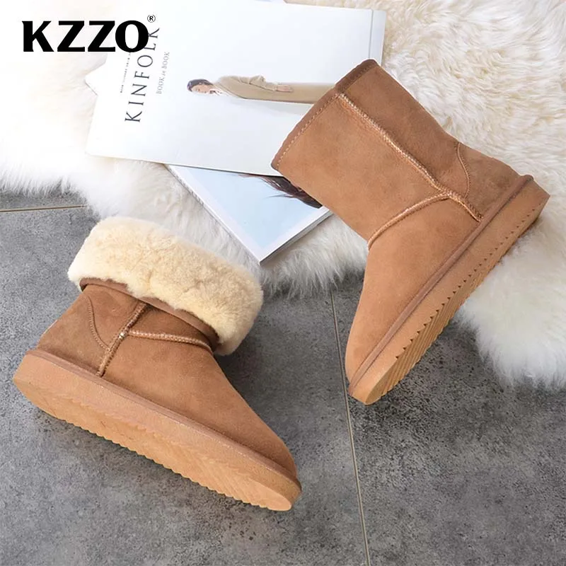 KZZO Classic Sheepskin Suede Leather Snow Boots For Women Natural Wool Flat Boots Mid-calf Fur Lined Winter Warm Shoes Non-slip