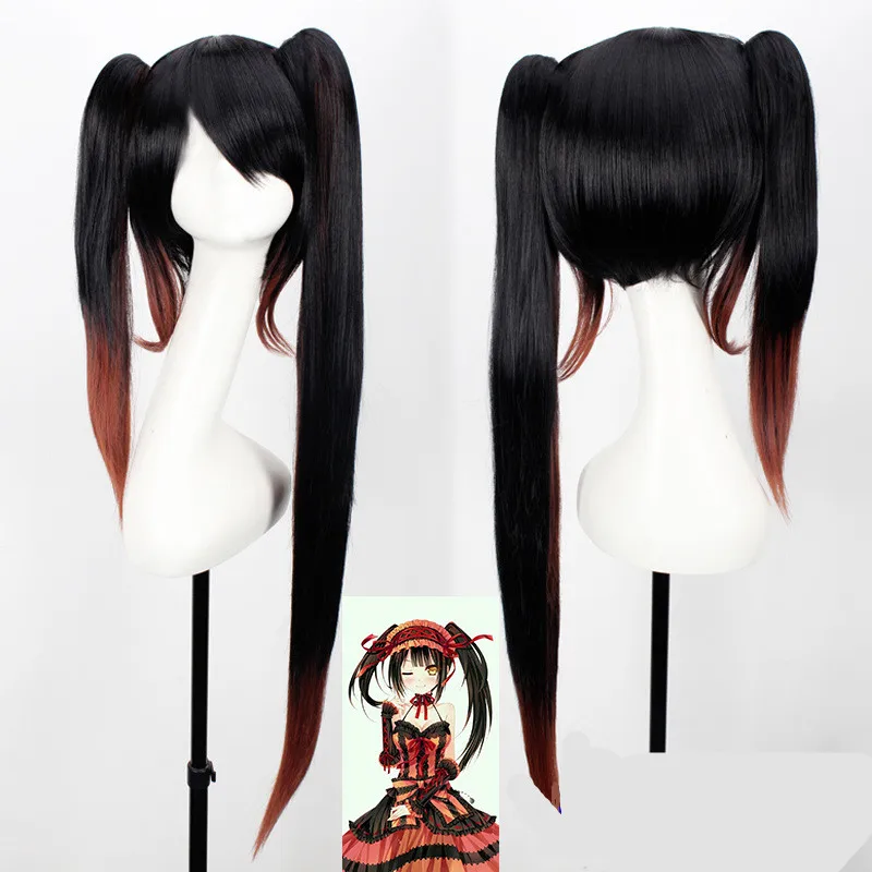 วันที่ A LIVE Tokisaki Kurumi วิกผม Bangs คลิป Ponytails Comic Con Nightmare สีดำยาว ponytials วิกผมเครื่องแต่งกาย