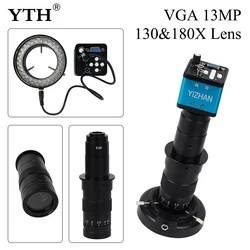 13MP VGA 현미경 카메라 디지털 전자 HD 산업용 카메라 + 130/180X, 조절식 렌즈 현미경, 쌍안, 삼안