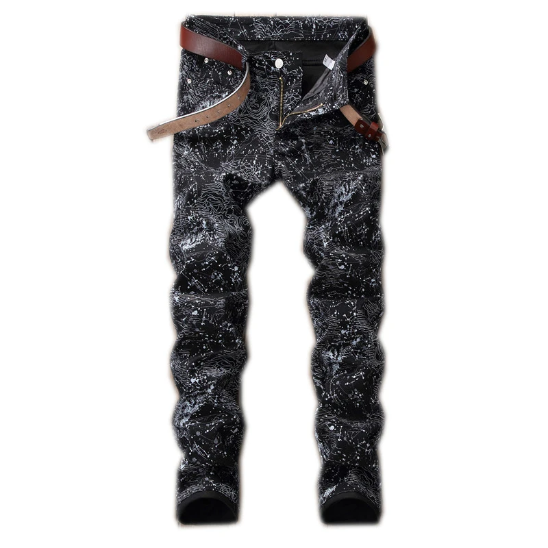 

New Fashion Spring Autumn Men's 3D Printed Jeans Pantalon Hombre Black White Nightclubs 2021 Young Skinny Biker Denim Trousers