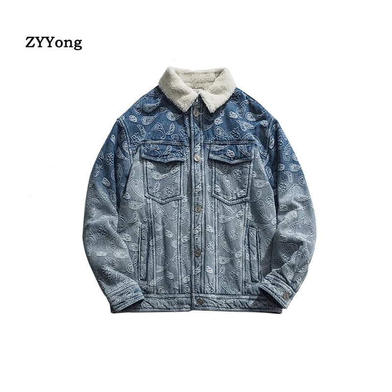 

2020 Men Light Blue Winter Embroidery Jean Jackets Outerwear Warm Denim Coats New Men Large Size Wool Liner Thicker Winter Denim