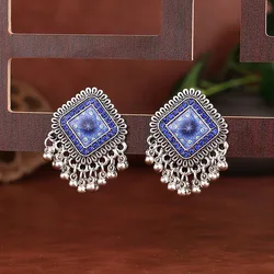 Vintage Ethnic Silver Color Square Alloy Drop Earrings for Women Boho Carved Flower Beads Tassel Earrings Indian Jhumka Jewelry