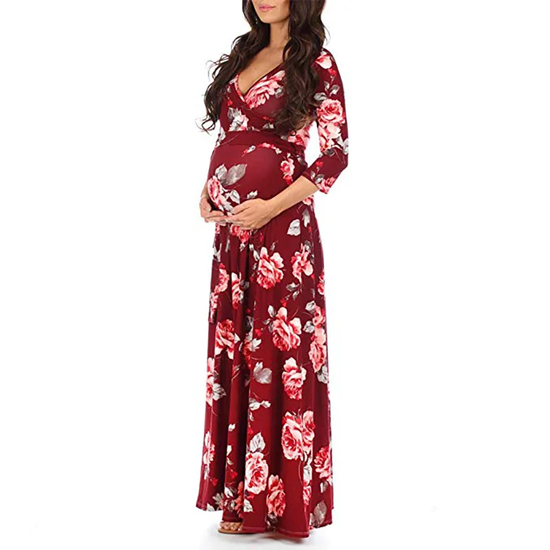 

Pregnant mother fashion ladies cross deep v-neck belted waist 7 minutes of sleeve mop the floor even pregnant women dress