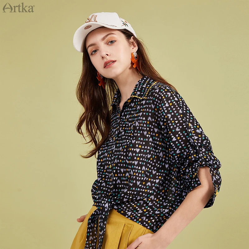 ARTKA 2020 Spring Summer New Blouse Women Vintage Print White Chiffon Shirt Casual Loose Lace Up Long Sleeve Shirt SA20609C