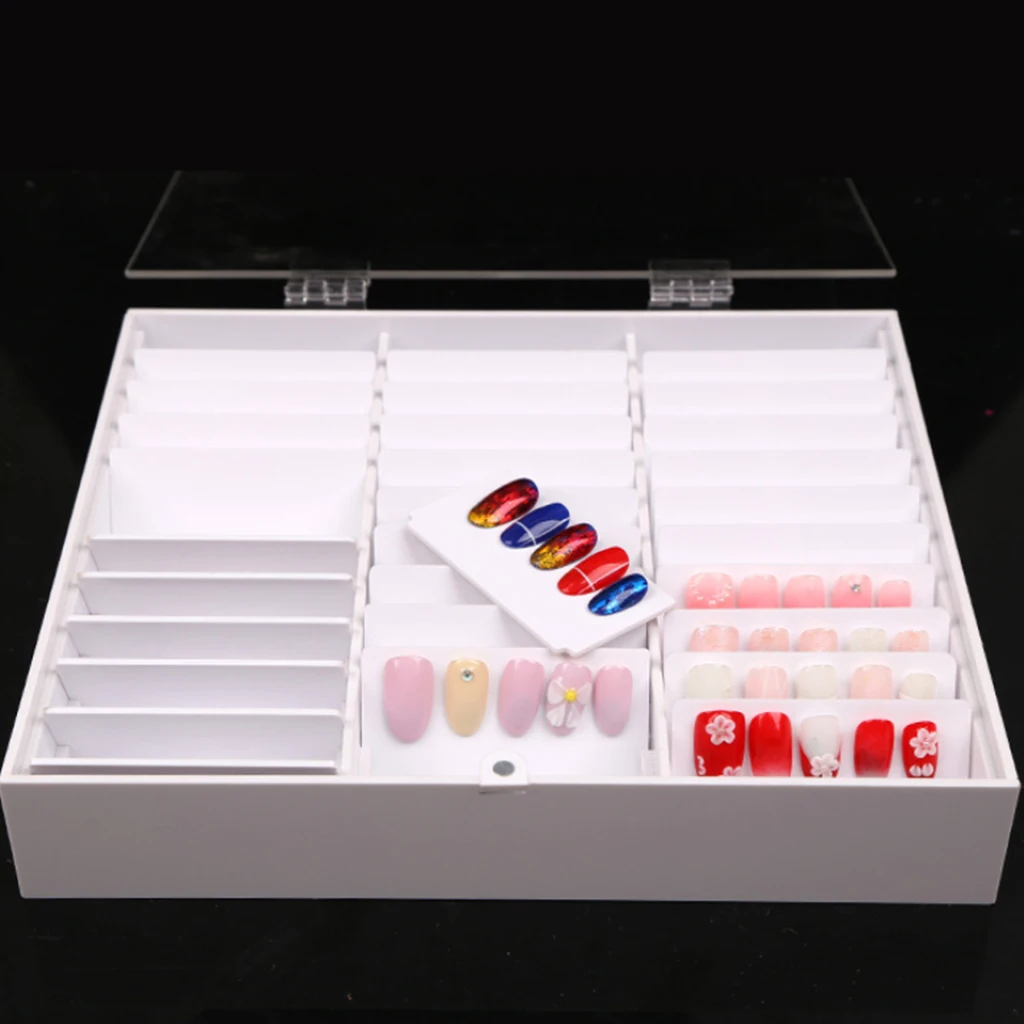 Caja de almacenamiento de puntas de uñas postizas acrílicas con cubierta transparente, caja de exhibición de puntas de uñas, 30 celdas