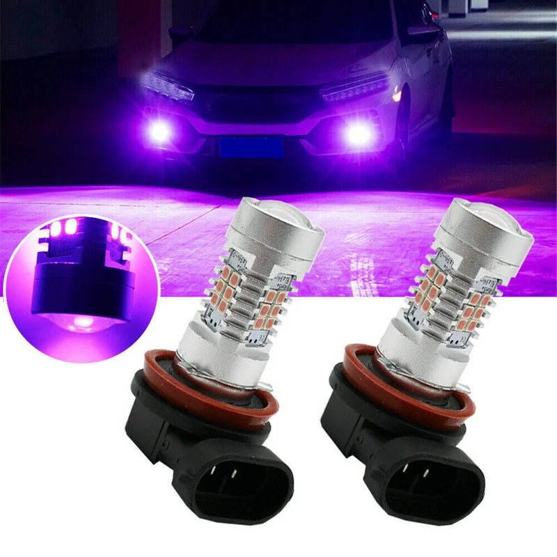 2Pcs 21-SMD H11/H8 12V Pink-Purple LED Bulbs Driving Lamp Foglight DRL Decoration Lighting Bulbs Exterior Parts Car Accessories