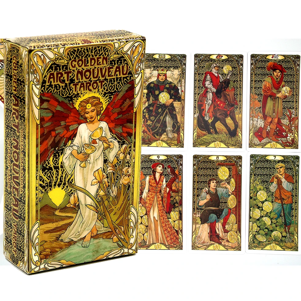 Golden Art Nouveau Tarot Deck 78 Cards with Guidebook Cards Occult Divination Book Sets for Beginners Classic Art Nouveau Style