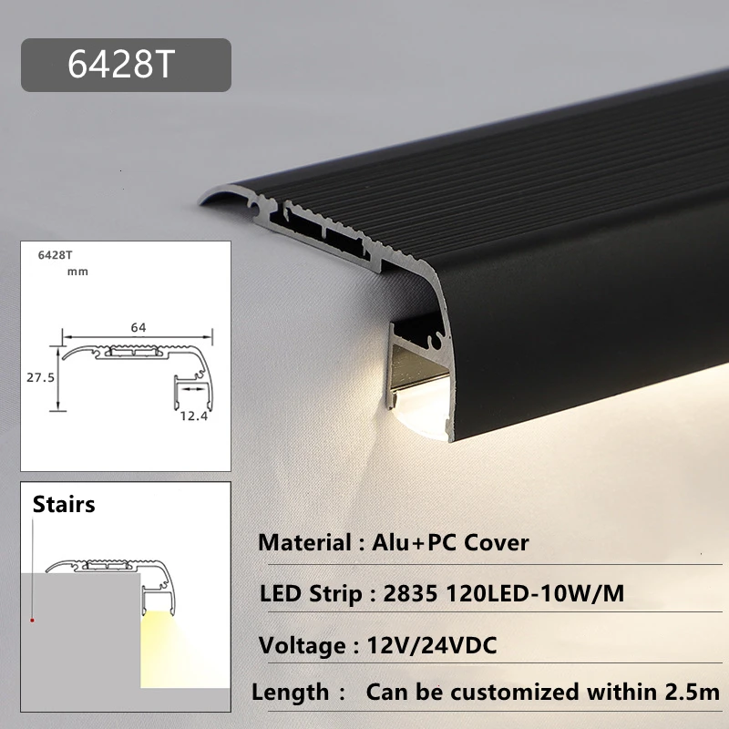 Imagem -02 - Canal de Alumínio da Luz da Escada Tira Linear do Sensor da Cobertura da Borda da Escada do Cimento de Madeira Personalize o Perfil da Etapa do Tamanho 3-pacote 1m 32ft