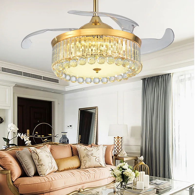 Crystal invisible ceiling fan light Simple fashion modern electric fan chandelier living room with led European fan light