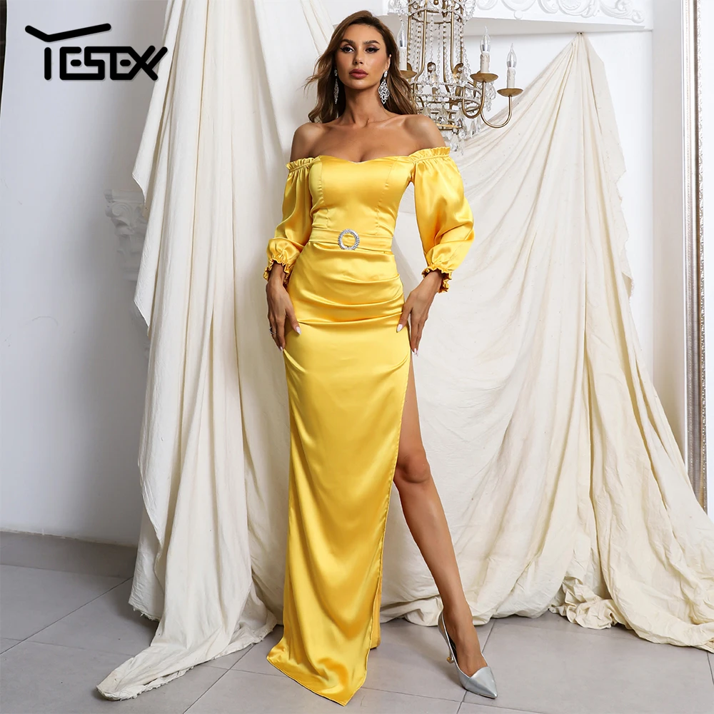 Yesexy New Women Sexy Festival Maxi Dresses Elegant Evening Off Shoulder Split Satin Bodycon Vestidos Long Party Dress Yellow