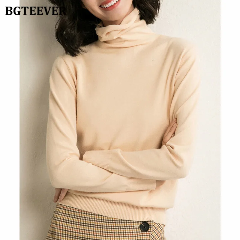 BGTEEVER Chic Turtleneck Knitted Female Pullovers Elegant Full Sleeve Slim Women Sweater 2021 Autumn Winter Women Knitwear Tops