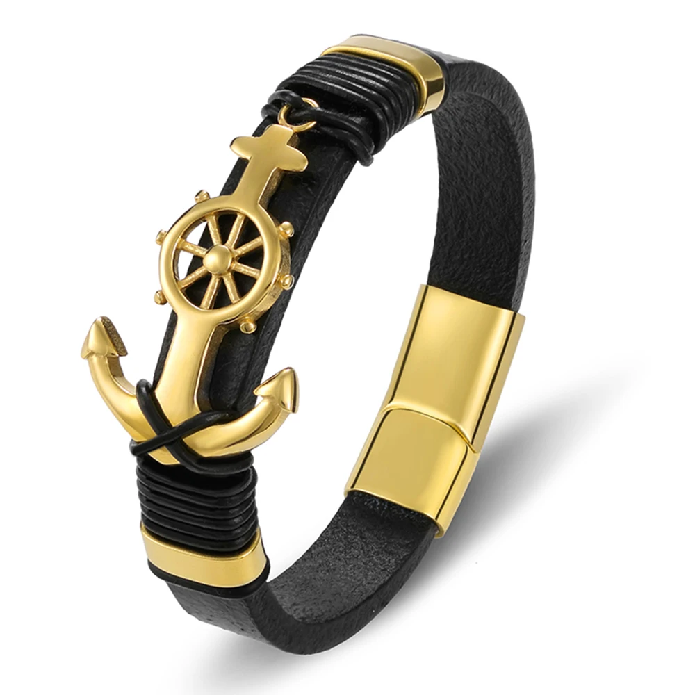 TYO Trendy Charm Woven Stainless Steel Magnet Rope Leather Anchor Bracelets Men Black Bangle Luxury Rock Hip Hop  Jewelry