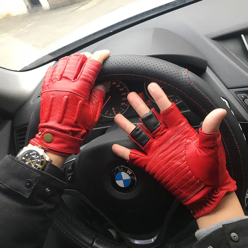 

Men Goatskin Half Finger Motorcycle Leather Gloves Fashion Male Semi-Fingers Non-slip Driving Mitten Free Shipping