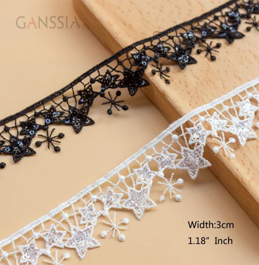 Width:3cm (1.20 inch) Stars Lace Trim Ivory White & Black for  Curtain Wedding Dress Skirts Collar Neckline DIY (ss-2361)