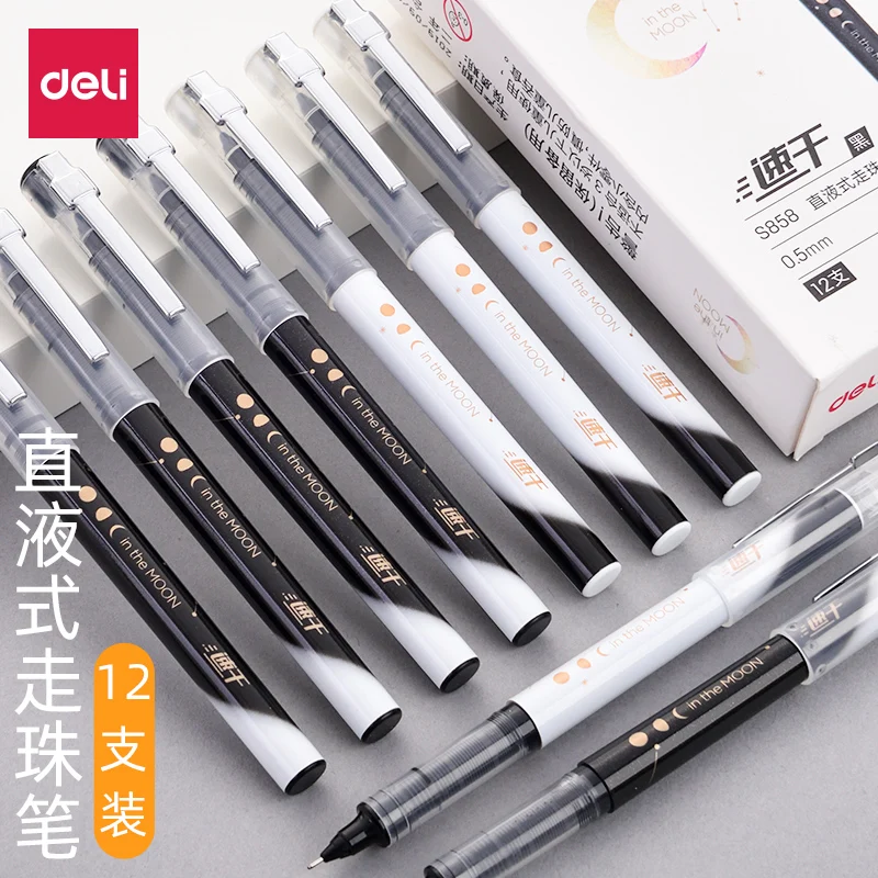 6/12PCS Direct-fluid-roller Pen 0.5mm S858 Large Black Capacity Gel Pen Signing Pen Kawaii Stationary Cat Pen