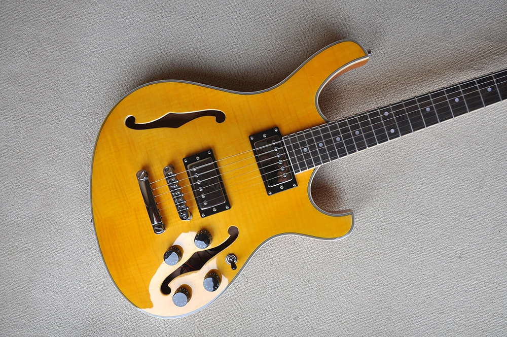 6 Strings Yellow Semi Hollow Electric Guitar with Flame Maple Veneer,Rosewood Fretboard