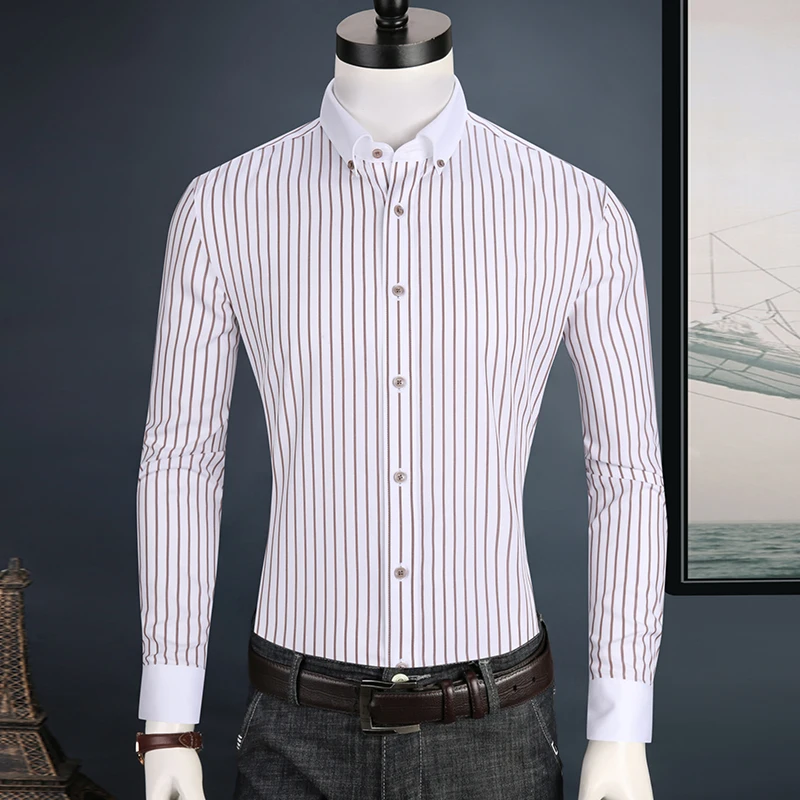 Contrast Collar and Cuff Men\'s Vertical Striped Dress Shirts Pocketless Casual Long Sleeve Button-down Non Iron Cotton Shirt