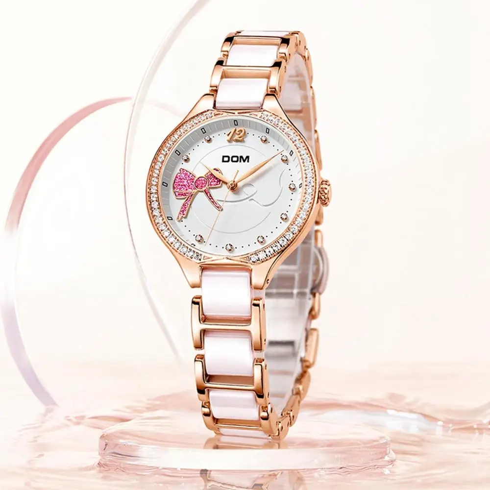 DOM Ladies Quartz Watch Bracelet Ceramic Strap Top Luxury Brand Dress Geneva Quartz Clock Rose Gold Bow Luxury Ladies Watch