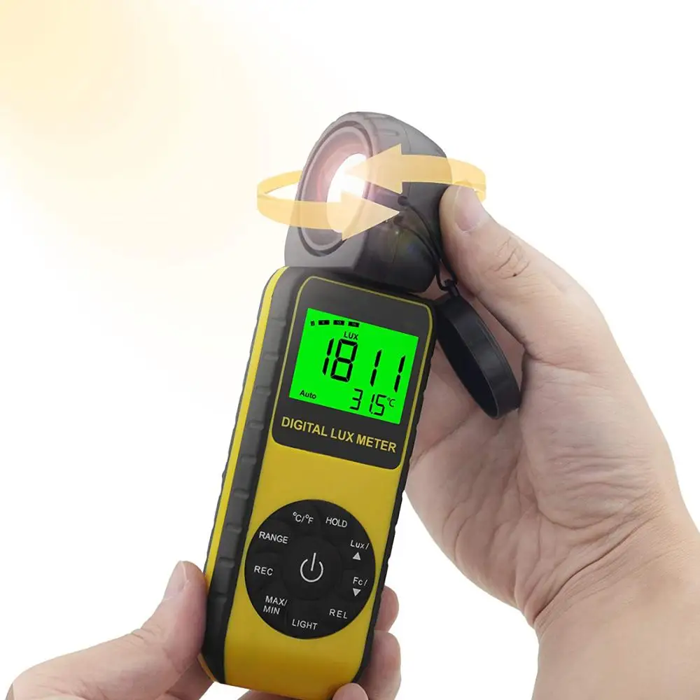 HoldPeak-Digital Illuminance and Light Meter, Handheld Ambient Temperature Measurement, Range up to 300,000 Lux, HP-881E