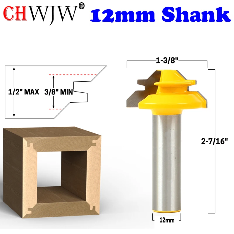 CHWJW 1PC 12mm Shank Industrial Quality Medium Lock Miter Router Bit with 45Degree 3/8-1 Inch Stock woodworking milling cutter