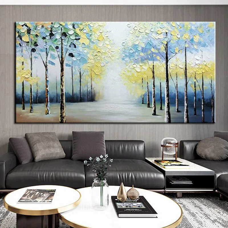 

Yellow Blue Forest Abstract Handpainted Beautiful Oil Painting Wall Art Home Decor Pictures Modern Oil Painting On Canvas