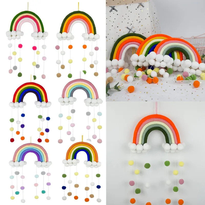 Home Decor Rainbow Fur Balls Handmade Weaving Tapestry Nordic Kids Children's Room Decor Nursery Baby Room Wall Hanging Toys