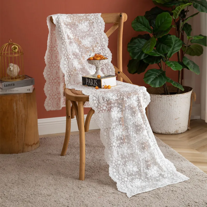 

European romantic White Beige lace embroidered table runner home wedding decoration tablecloth wholesale tv tea table flag cover