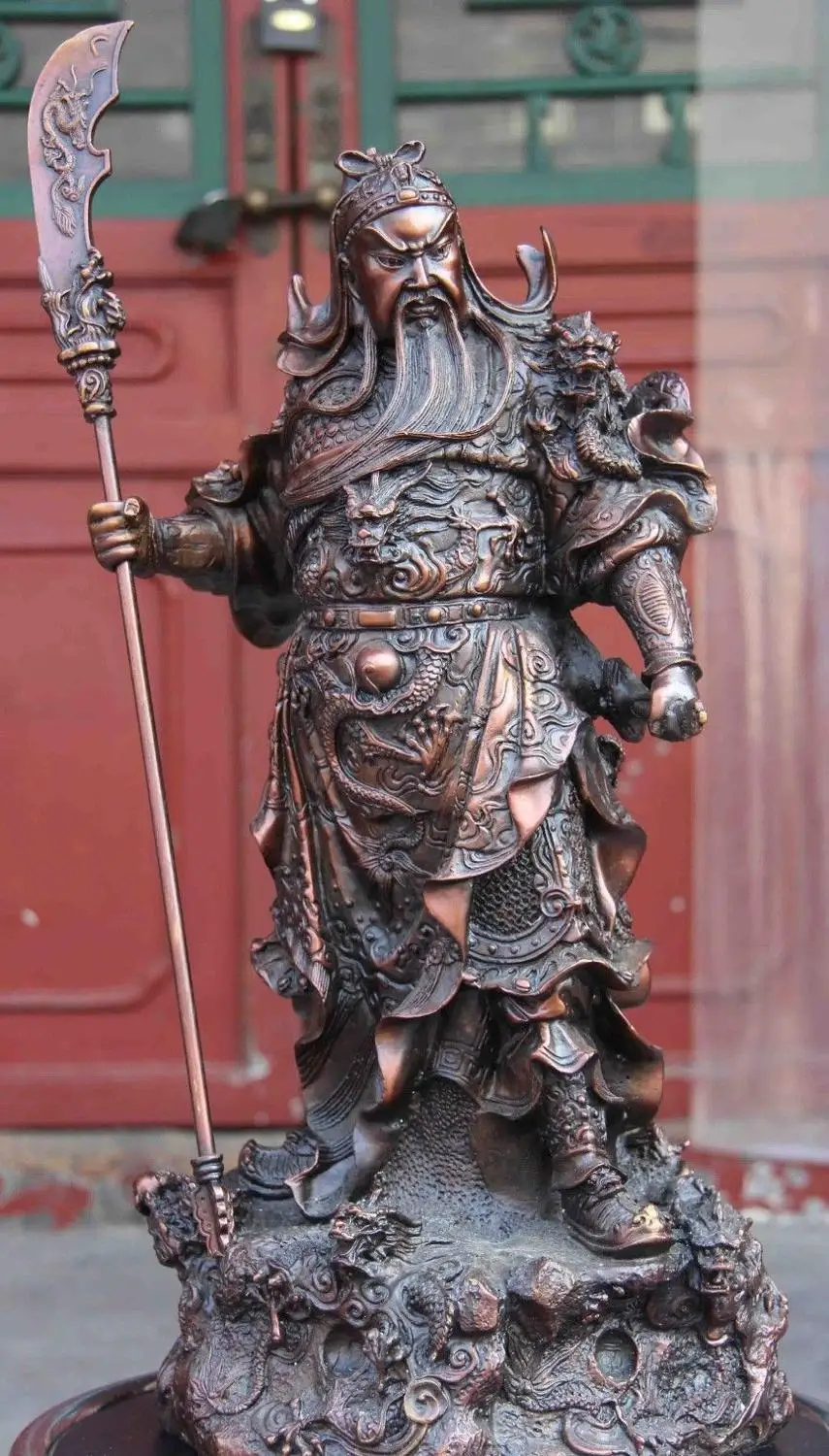 

53cm free shipping Chinese Red Copper Bronze Nine Dragon Guan Gong GuanYu God Warrior Buddha statue