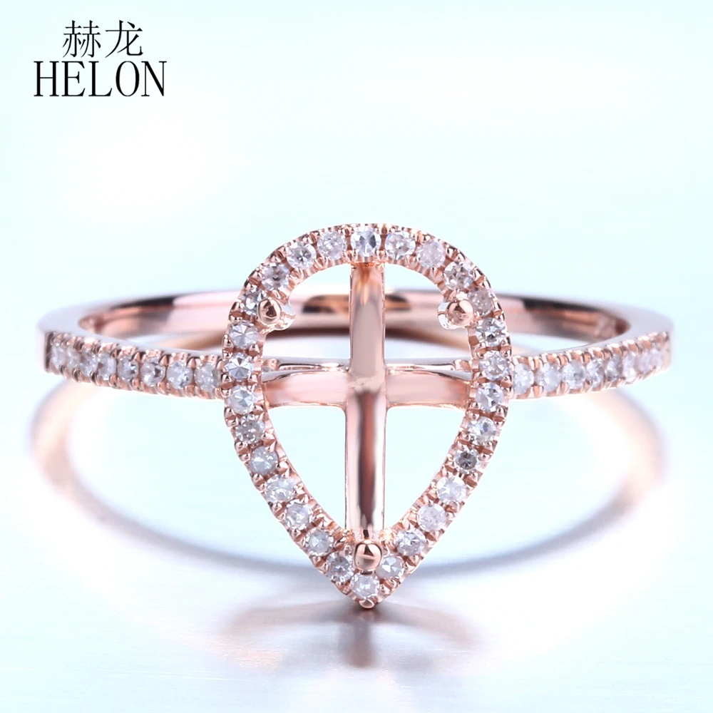 HELON 8x6.5mm Pear Cut Solid 14K Rose Gold Natural Diamonds Engagement Wedding Ring Women Fine Jewelry Semi Mount Diamond Ring