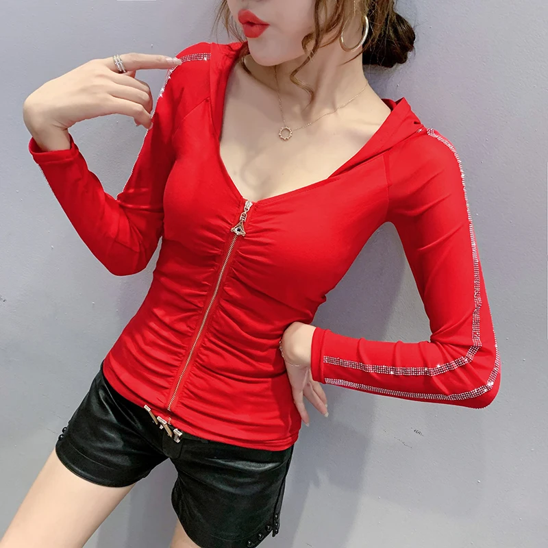 Fall Winter Korean Style Tshirt Chic Sexy Zipper Hooded Mesh Long Sleeve Dimonds Cotton Tops Camiseta Mujer Tees New T00509A