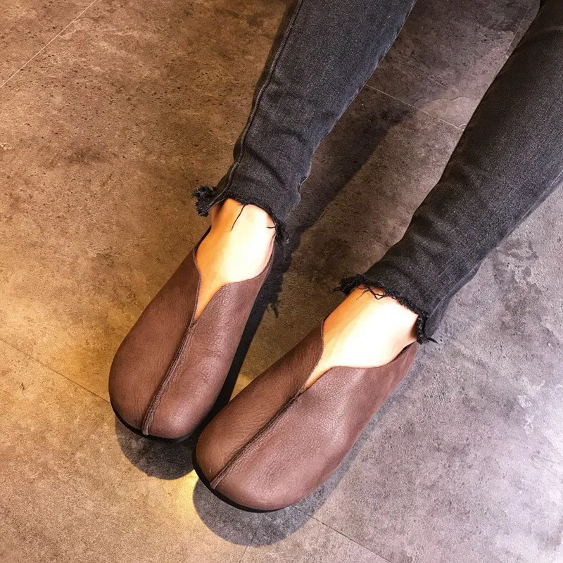 Women shoes genuine leather loafers retro style non-slip solid color casual ladies flats shoe female light driving loafers shoes